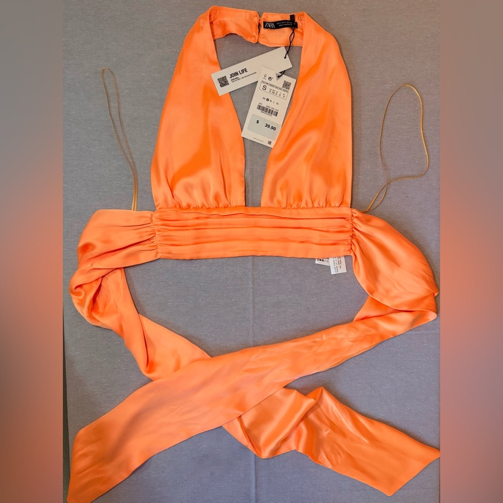 ZARA Neon Orange Halter Wrap Top | Backless Tie Detail | NWT